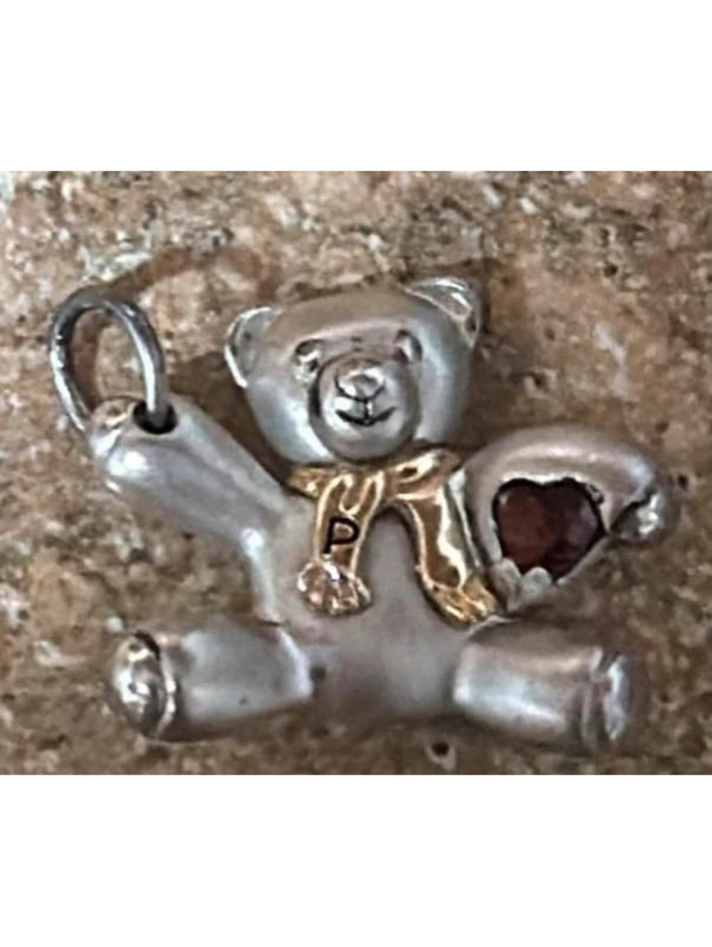 Keepsake Teddy Bear Charm/ Sterling 925 Silver/ 14K/ Red Stone